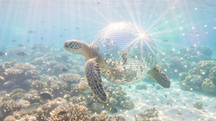 Obraz premium Surreal Turtle with Disco Ball Shell Reflecting Light