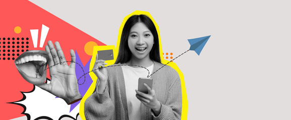 A vibrant collage features a young woman happily interacting with her smartphone and holding a credit card. Bright colors and graphic elements illustrate communication and digital life.