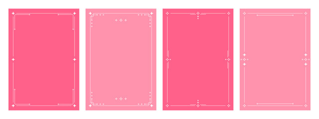 Set of four pink background templates with decorative shiny borders. Collection of vector vertical frames for social media story or greeting card.