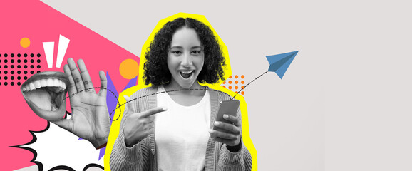 A vibrant collage showcases a happy woman holding a smartphone while smiling. The background includes playful graphics, adding energy and excitement to the scene.