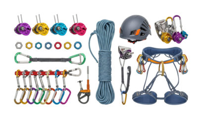 Climbing equipment for outdoor adventures, including a helmet, harness, rope, carabiners, and various protection devices, laid out for a comprehensive view.