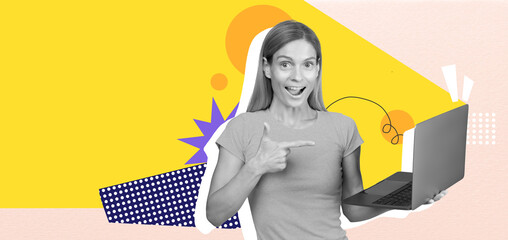 A vibrant collage features a woman smiling and pointing at her laptop while surrounded by playful geometric shapes and colors. The design offers an engaging visual experience.