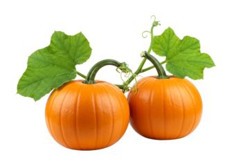 Two vibrant orange pumpkins with green leaves and tendrils showcasing their fresh, autumnal beauty and readiness for harvest celebrations.