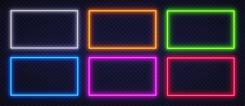 Set of glowing neon rectangles in vivid colors on a transparent background. Bright modern design ideal for posters, web graphics, and futuristic layouts.
