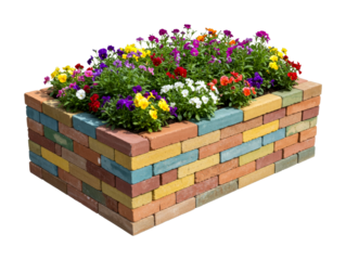 Colorful brick planter box filled with vibrant blooming flowers, showcasing a delightful array of colors and natural beauty in a garden setting.