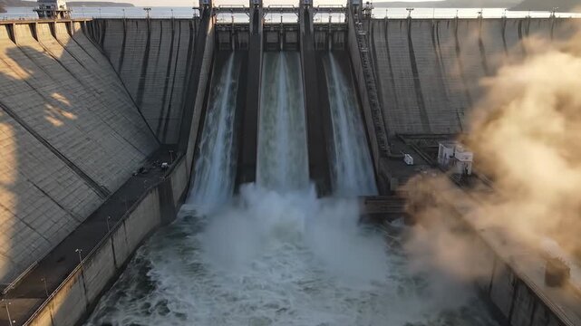 A large dam with multiple spillways releasing heavy water, creating mist and concrete gates at dusk