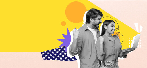 A happy couple shares a joyful moment, cheering as they look at a laptop screen. The background features a colorful collage with abstract shapes, adding energy to the scene.