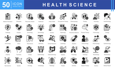 Health Science icon set featuring medical information, diagnostics, clinical specialties, therapies, and research fields including cardiology, neurology, microbiology, oncology, and nutrition.