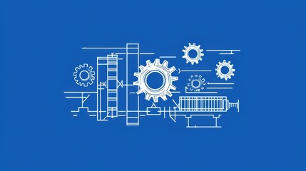 Blueprint showing various gears and mechanical components in a technical design layout with a blue background