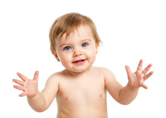 Cute baby with blue eyes and blonde hair is smiling happily while raising both hands with open palms, expressing joy and innocence.