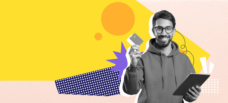 A young man stands in front of a bright, colorful collage background. He holds a tablet in one hand and a card in the other while smiling. - Powered by Adobe