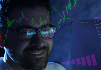 Stock trading data and graphs reflecting in man's glasses. Equity trader or financial analyst working on investment strategy