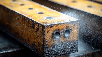 Metal bar being cleaned with water spray at industrial location during daytime