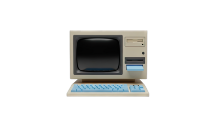 Retro beige personal computer with a light blue keyboard and floppy disk drive on a transparent background perfect for digital archives and vintage technology concepts