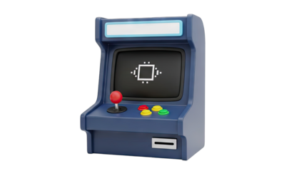 Retro Blue Arcade Game Cabinet With Joystick And Colorful Buttons On Transparent Background With Simple Graphic Display On Screen