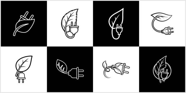 Green Energy Plug Leaf Icons Set. Sustainable Electric Power Eco-Friendly Technology Symbols logotyp.