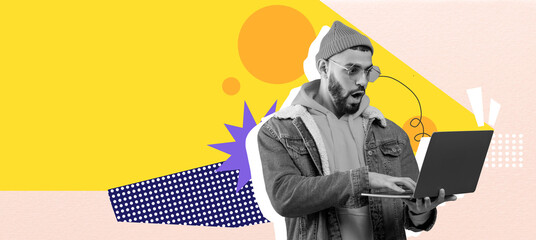 A man with a surprised look is using his laptop in a colorful collage background. The setting features geometric shapes and a mix of bright colors, creating an energetic atmosphere for his activity.