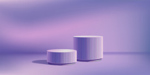 Neon purple poduim, 3d platform for product ads. Dark stage pedestal of two steps. Abstract studio scene, marble room pillars. Pink blue skincare winner display limbo. Clear modern geometric showcase