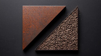 Rusty metal and gravel arranged in a triangular shape on a dark surface for texture exploration and design ideas