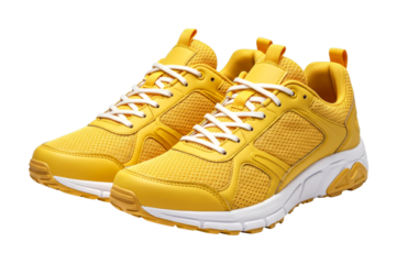 Pair of bright yellow athletic shoes with white laces and durable soles, designed for comfortable running, training, and everyday active lifestyles.