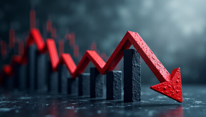 Dramatic close-up of a textured red 3D arrow sharply descending over black bar graphs and subtle candlestick charts on a dark, wet surface, symbolizing a market crash, recession, or financial loss.