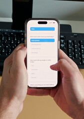 Middle Aged Man Using My Friend Friendly AI Chat Bot for Mental Health and Wellness - How Far is Too Far with Artificial Intelligence Concept