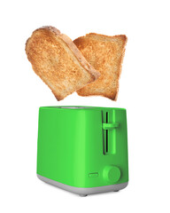 Browned bread slices flying out of toaster on white background