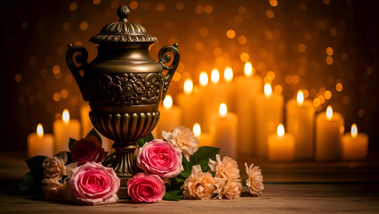 Antique urn with roses and burning candles creating a somber memorial scene