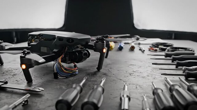 A drone rests on a workshop bench with tools and exposed wiring in a busy workspace. Ready for work