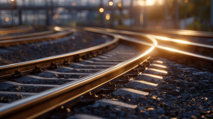 Obraz premium Low-angle view of a railroad switch bathed in gentle afternoon light, fine details of rails, sleepers, and switching mechanisms visible, warm highlights creating a calm and balance
