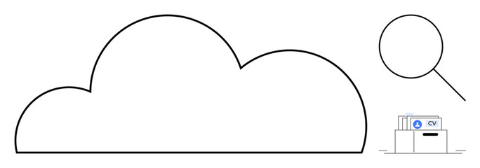 Cloud storage concept. A cloud outline with a magnifying glass and a document folder for file search and management. Cloud storage enables efficient file searching and organization. Perfect for data