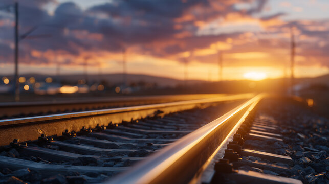 Railroad switch mechanism captured in soft cinematic lighting, every bolt and hinge visible, smooth gradient sky above, peaceful industrial scene with warm tones and fine track det