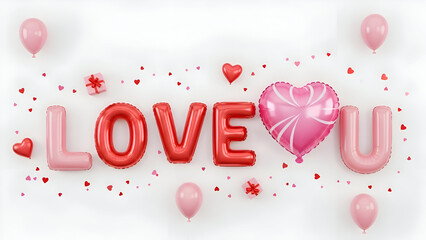 Festive arrangement of pink and red balloons spelling out love you with confetti