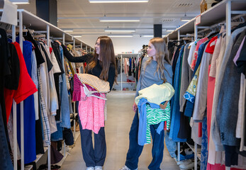Women choosing clothes together in secondhand store