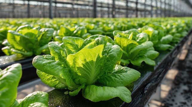 Lush rows of green lettuce flourish inside a greenhouse, capturing the essence of sustainable farming. Bright sunlight enhances the vibrant color of the crops.