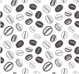 Black and white coffee beans seamless pattern monochrome