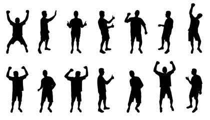 Collection of men silhouettes cheering, jumping, and showing thumbs up gestures. Vector illustration