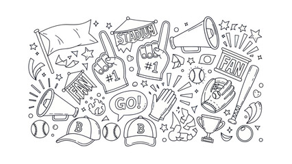 Baseball fan art illustration with essential sports equipment and elements