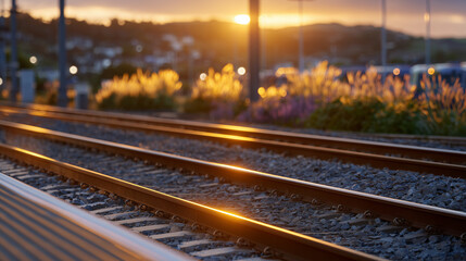 Obraz premium Golden hour view of railway tracks with a train faintly visible beyond, brilliant sunlight casting long gradients across metal and gravel, intense yet soft evening glow filling the