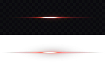 Electric glow effect Glowing red neon horizontal line for light effects. Floodlight directional. Christmas light effect with bokeh and stars. Sparkle laser beam set, vector illustration. UI dividers.