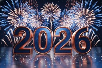 2026 Metallic Blue Numbers with Fireworks Background