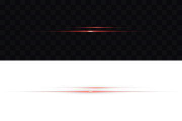 A sharp horizontal purple beam with a bright center, fading into darkness on both sides. Floodlight directional. Lighting effect. Glowing red neon horizontal line for light effects. Red light beam.