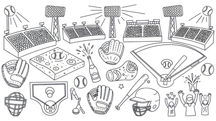 Baseball field elements illustration with stadium lights bats and balls