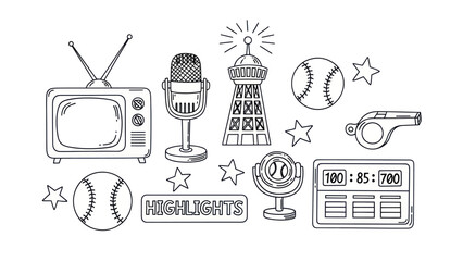 Baseball game icons set television microphone scoreboard and more