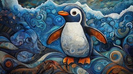Colorful penguin stands on ocean waves under a cloudy sky with swirling patterns of blue and white