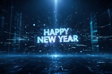 Happy New Year Digital Text with Blue Light Effects