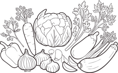 Black and white line of assorted fresh vegetables carrots