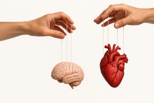 A brain and a heart suspended like puppets with both hands.
