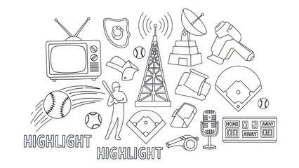 Baseball related vector illustrations including broadcasting and sports equipment