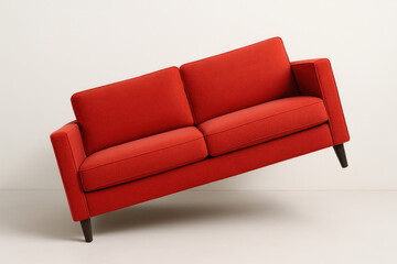 Naklejka premium The red sofa is tilted to the side on a light background.